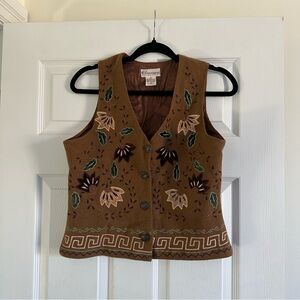 Size S Vintage Brown Wool Blend Embroidered Floral Vest